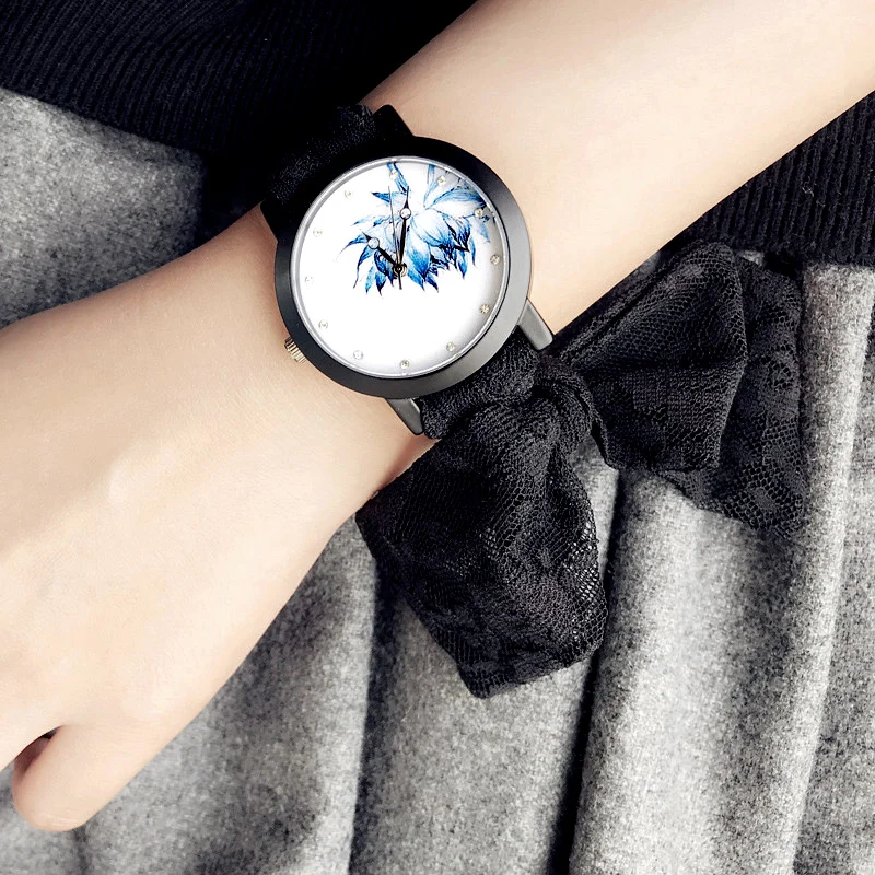 

Lady gift simple stylish watch Enmex Scarves watchband elegant Retro trend fashion pretty lace strap flowers quartz wristwatch