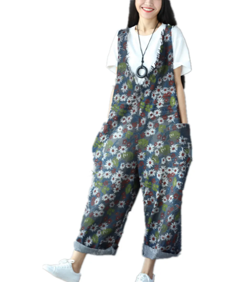 Yesno PG0 Women Casual Loose Overalls Jumpsuits Romper Floral Print