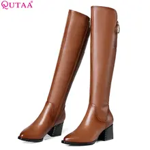 QUTAA 2019 Women Knee High Boots All Match Platform Zipper Cow Leather+Pu High Quality Winter Boots Women Shoes Big Size 34-42
