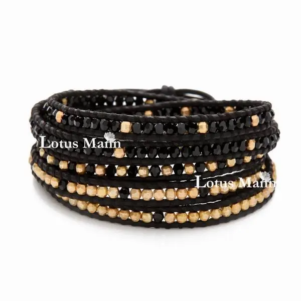 

Lotusmann Black Crytal Mix Golded Plated Wrap Bracelet on Black Leather