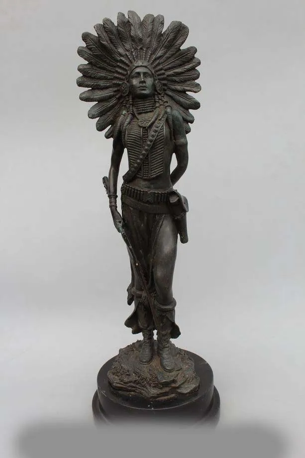 

18"Western Art sculpture Bronze Marble Indians Tribe Warrior Men Statue