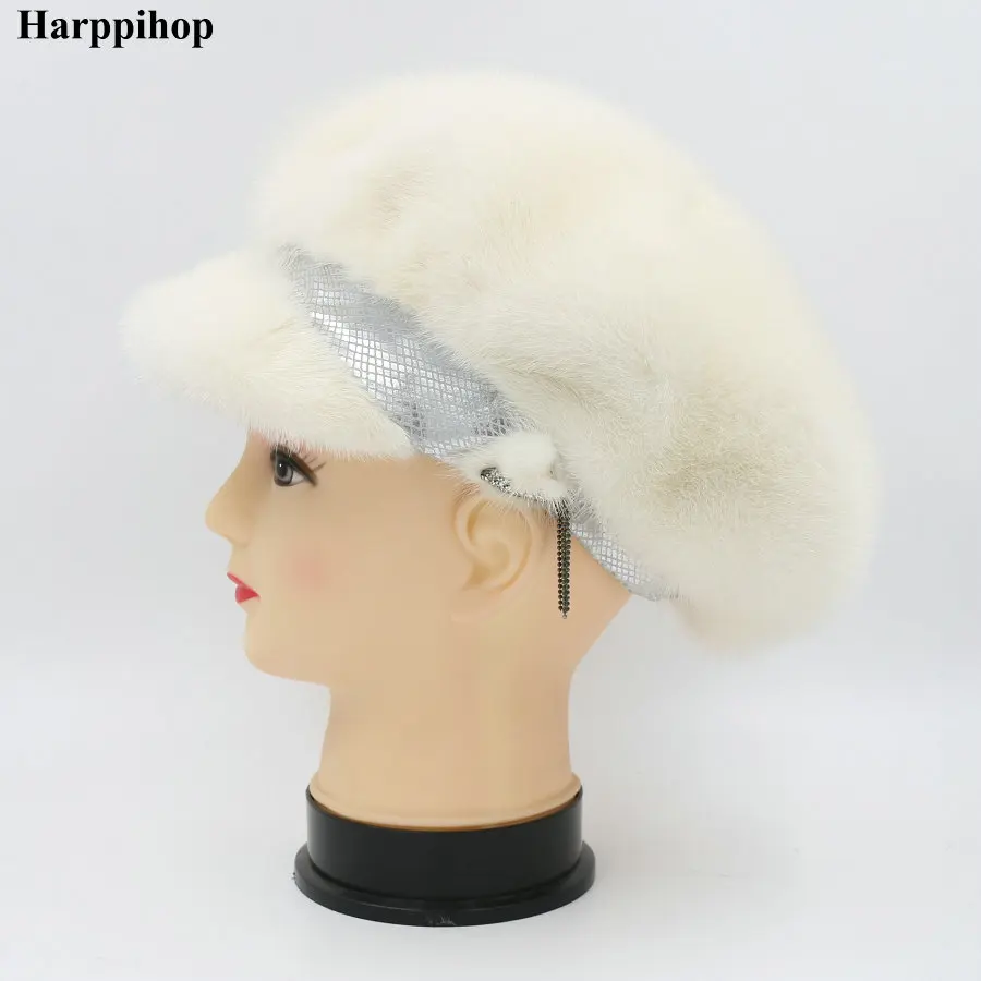 Натуральная норковая меховая шапка для женщин Зимняя импортная вся норковая шапка цветочный узор русский высококлассный роскошный Женская шапка - Цвет: beige