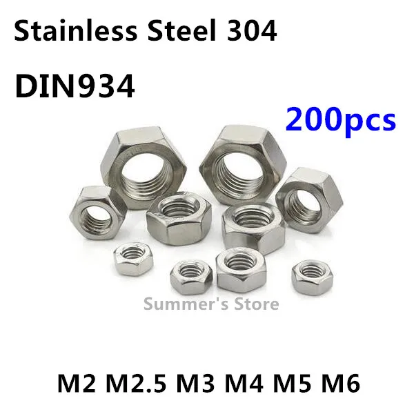 

200pcs/lot Stainless Steel Hex Nut DIN934 M2/M2.5/M3/M4/M5/M6/M8 Hex Nut 2mm/2.5mm/3mm/4mm/5mm/6mm Metric Nuts