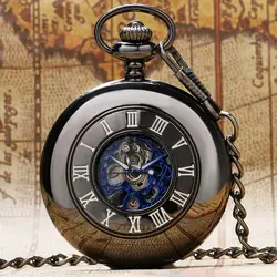 Гладкой нержавеющей стали механические карманные часы черные римские цифры мужские и женские часы дело Подвеска часы Chain подарок P881C