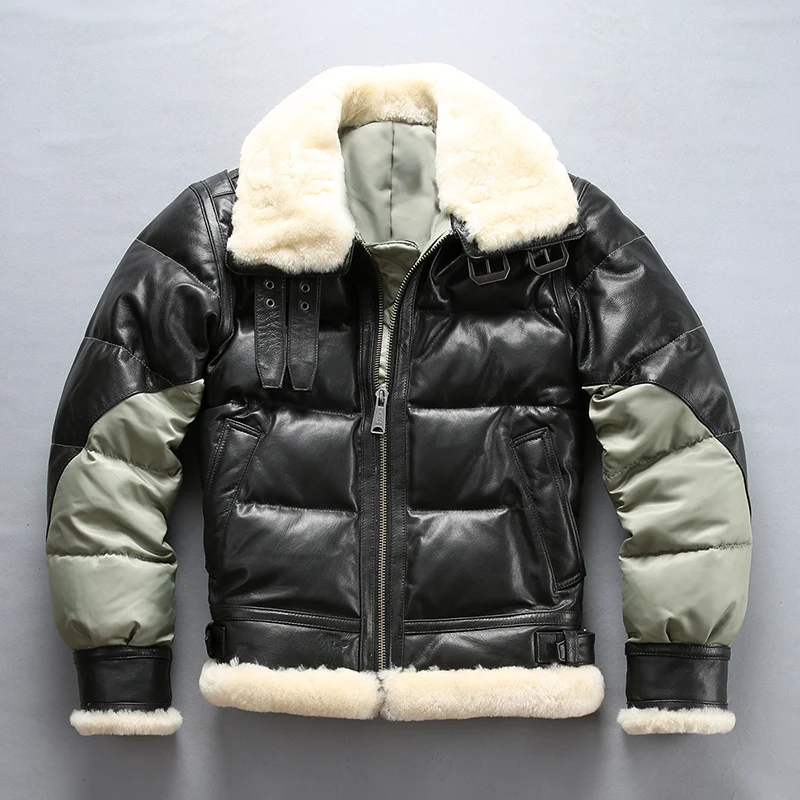 

2018 Men 's Down Jacket SheepSkin Fur Collar B3 Air Force Jacket Patchwork Genuine Leather Jacket Men Thick Winter Coat