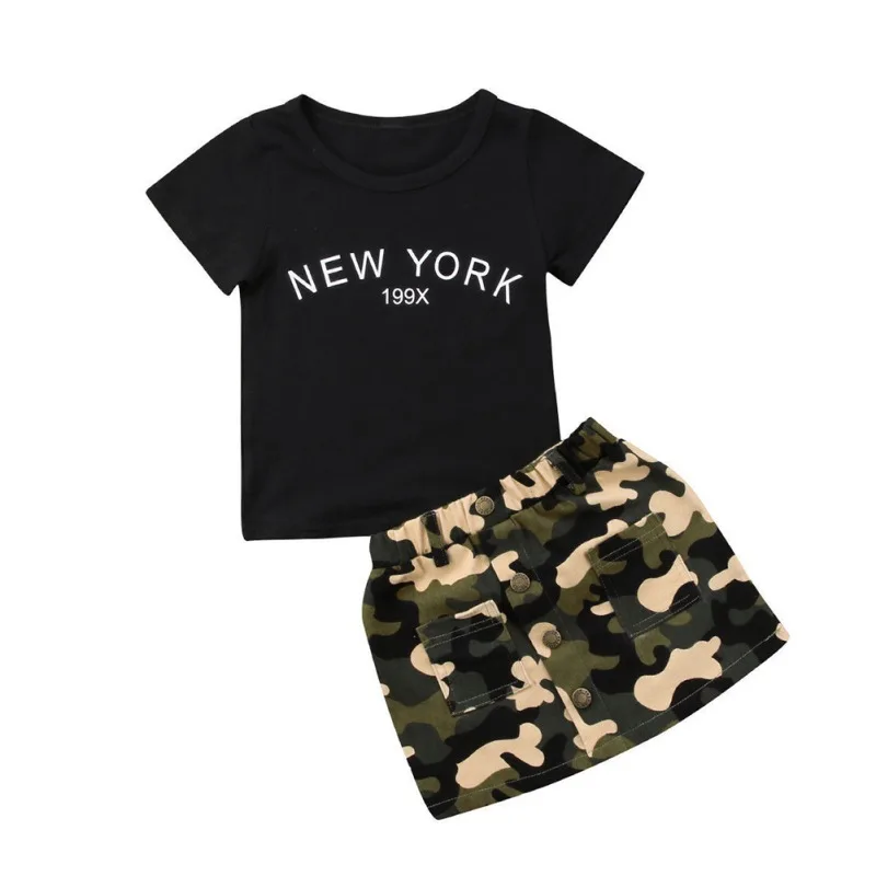 Children's Sets Summer Girls T-shirt Skirts Set New York Print Casual Camouflage Dress Clothes | Мать и ребенок
