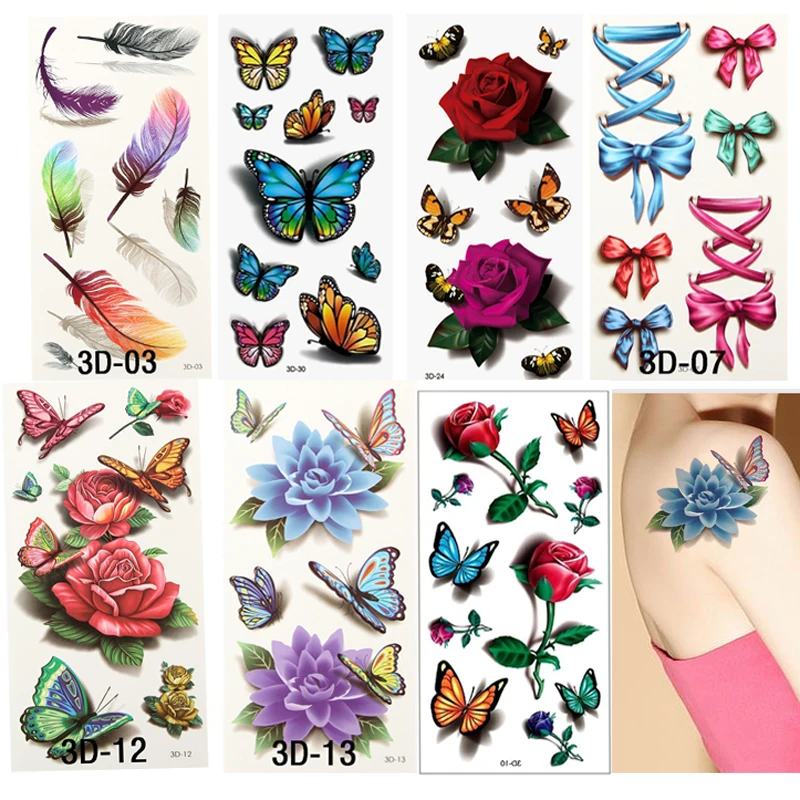 

7Pcs=7 Style Temporary Tattoo Women's 3D Feather Flower Fake Tattoo Stickers Waterproof Body Art Tattoo DIY Sleeve Designs
