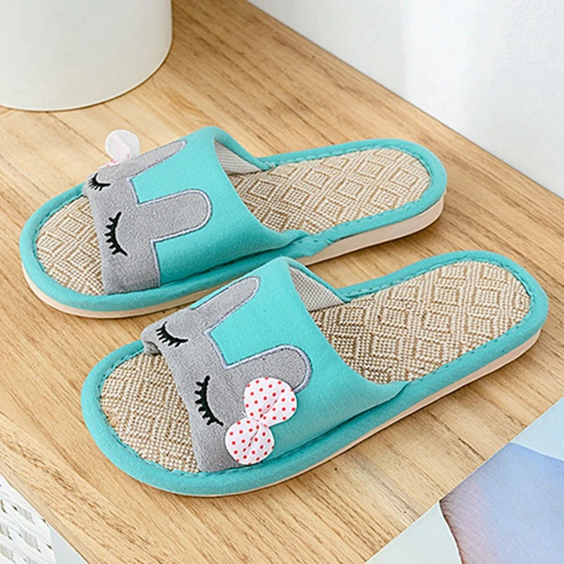 

Girseaby Lovers Indoor Flax Slippers 2019 Summer Flat Shoes Woman Home Slip On Slides Cartoon Style Non-slip Women Casual Floor