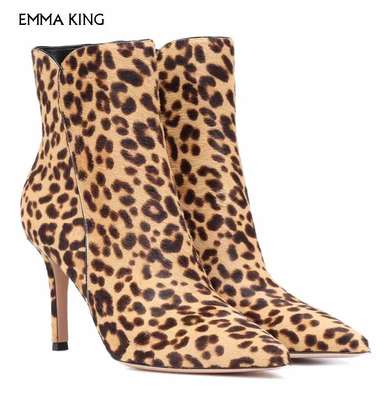 

Leopard Print Pointed Toe Ankle Boots Woman and A covered Stiletto Heel Botines Mujer 2018 Stiletto Heel Party Sexy Shoes Woman