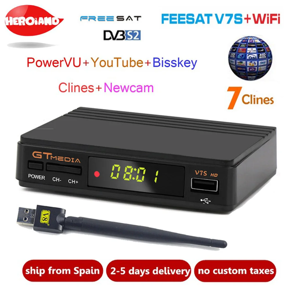 Freesat GTMEDIA V7S HD Satellite Receiver +USB WIFI +Cline 1 Year Europe Spain clines Upgrade