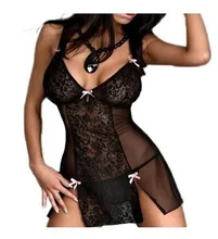 Hot Sex Lingerie Tulle Perspective V Deep Sexy Ladies Black Uniform Babydoll Dress White Lace Lingerie Sleepwear Teddies