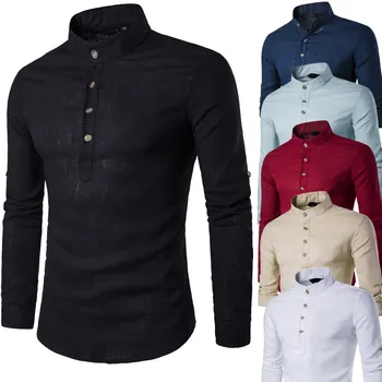 

men Shirt Men Stand Neck Long Sleeve Daily Look Linen Shirts Tops Blouse
