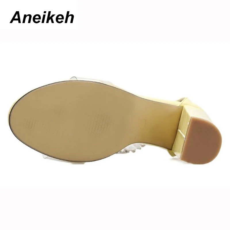 Aneikeh 2018 Women Rhinestone Crystal Block Heels Sandals Pumps Zipper Chunky Sandals Thick Heel Woman Summer Sexy Shoe