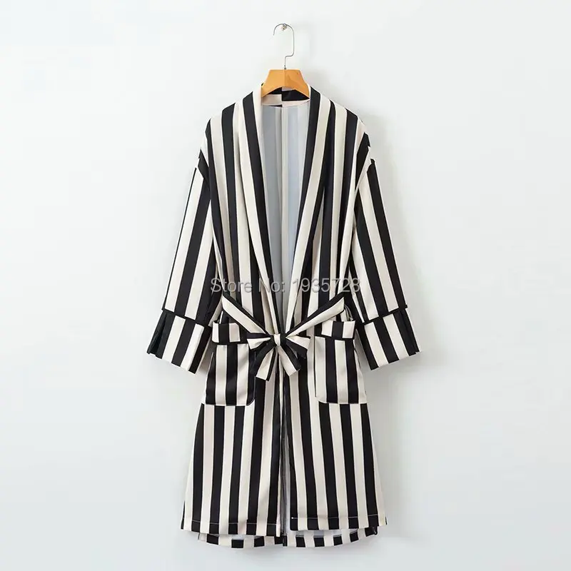 Женский контрастный плащ кимоно F/W длинное пальто в полоску с передними