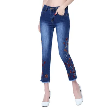 

Stretch Embroidered Jeans For Women Elastic Flower Jeans Female Pencil Denim Pants Rose Pattern