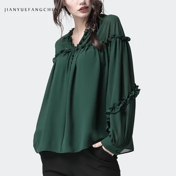 

Plus Size Loose-Fitting Women' Chiffon Blouse Long Sleeve Elegant Fungus Spliced Beading O-Neck Women Spring Summer Shirt Tops