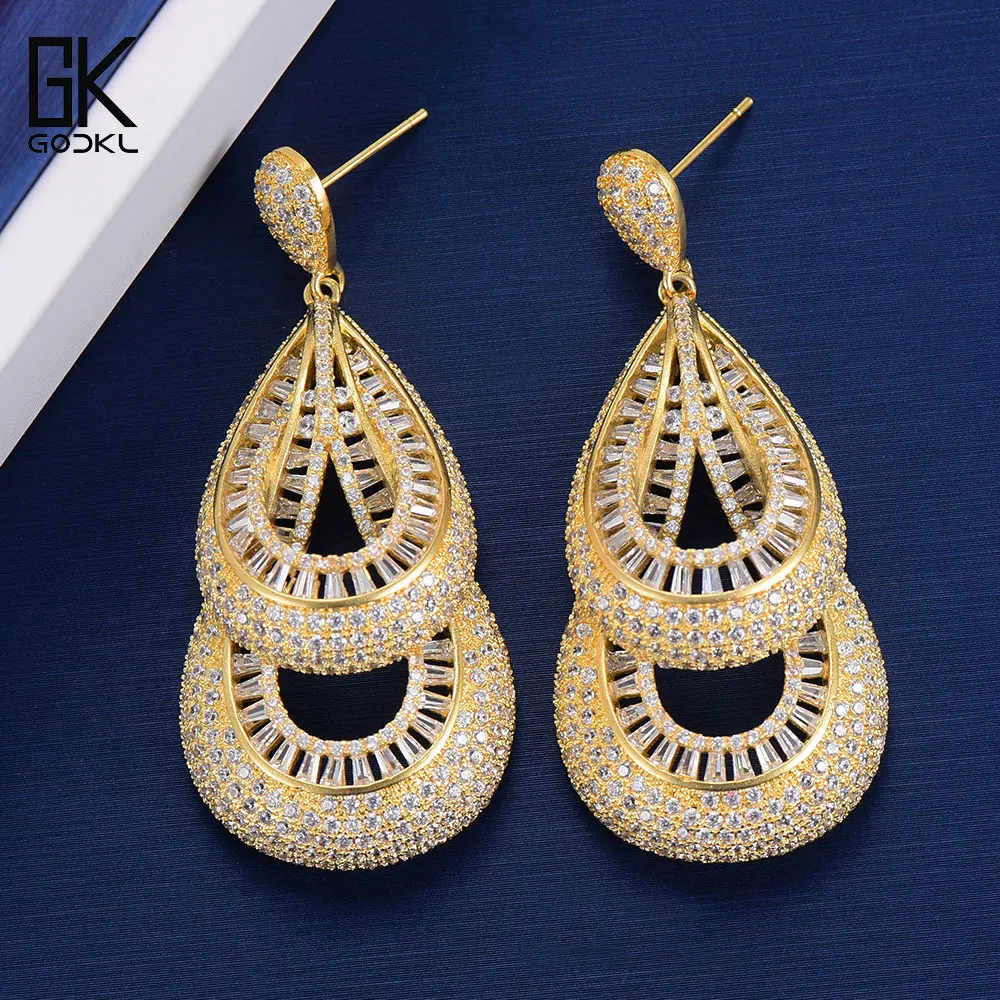 

GODKI 55MM Water Drop Luxury Full Mirco Cubic Zirconia Paved Dangle Drop Earring For Women Wedding African Gold Long Earrings