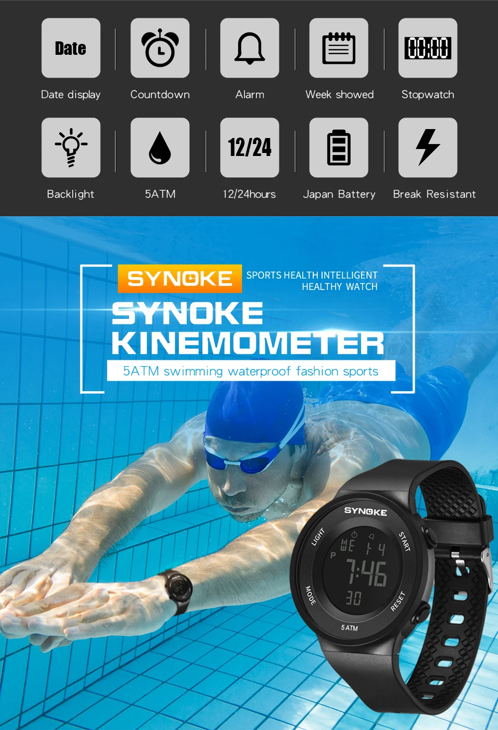 SYNOKE Waterproof Men Sports Watches Top Luxury Brand Fashion Military Digital Watch LED Black Fashion Electronic Clock Men