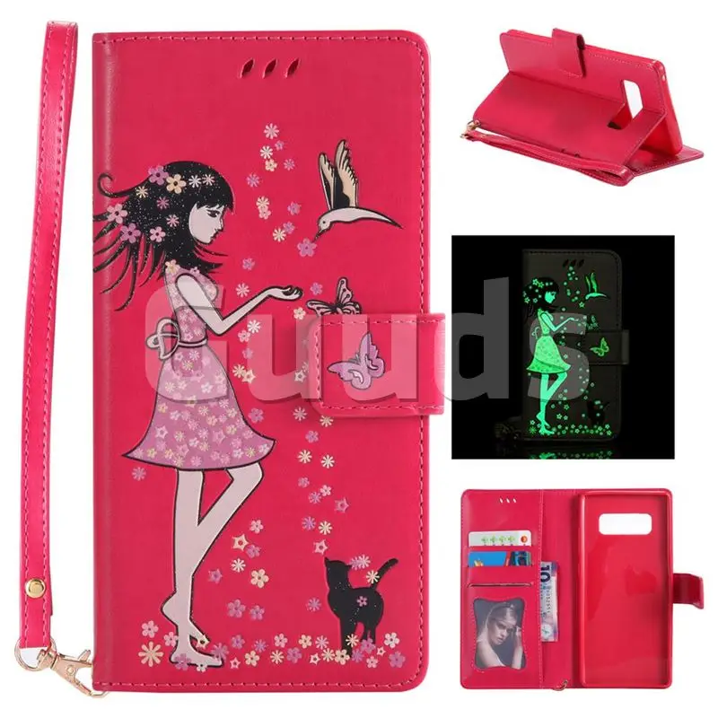 Luminous Flower Girl Cat Leather Wallet Case for Samsung Galaxy Note 8 - Rose