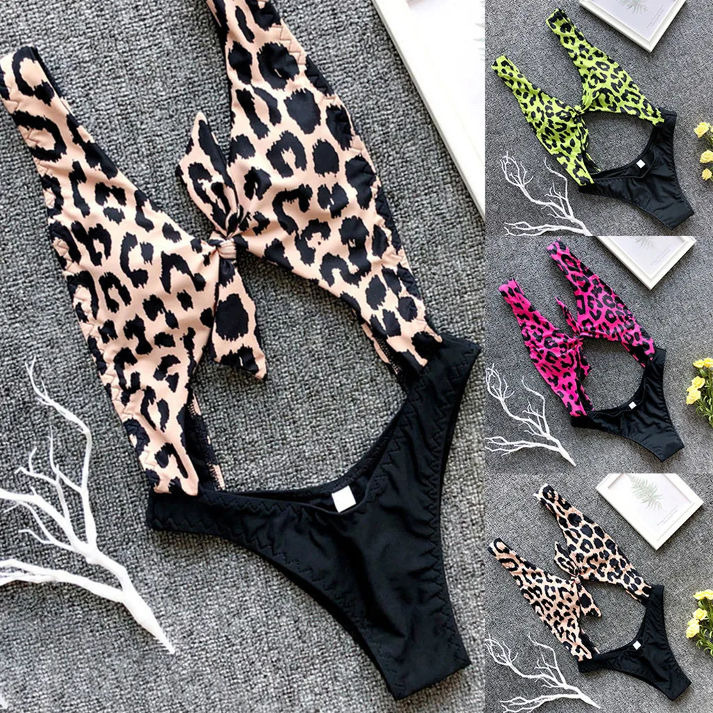 

Women's Summer Bikini Leopard Printed Patchwork Swim Jupmsuit Set Bow Backless Swimsuit One Piece Filled Bra Swimwear Beachwear