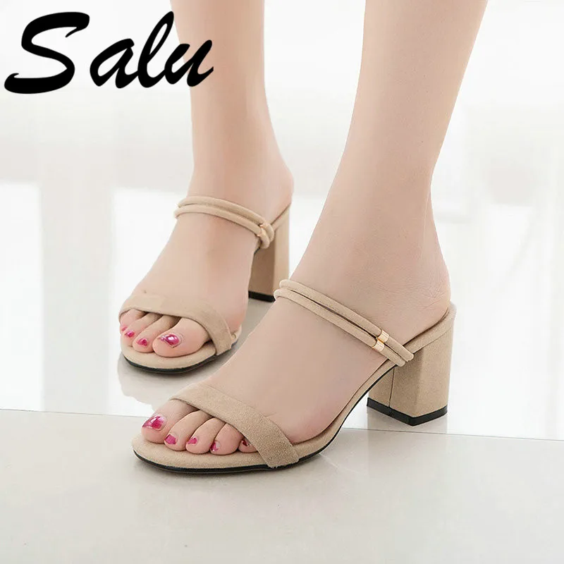 

Salu Women Slippers Summer New Style Out Side High Quality Shoes Kid Suede Leather High Heel Fashion High Heel Sandals