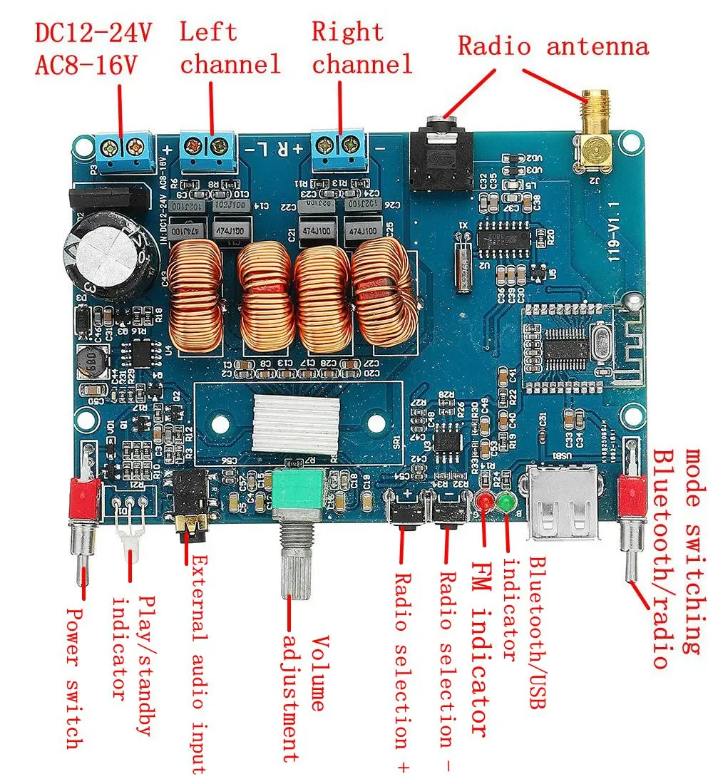 

NEW DC12-24V/AC8-16V Wireless bluetooth 4.2 2 Channel Stereo Digital Power Amplifier Board