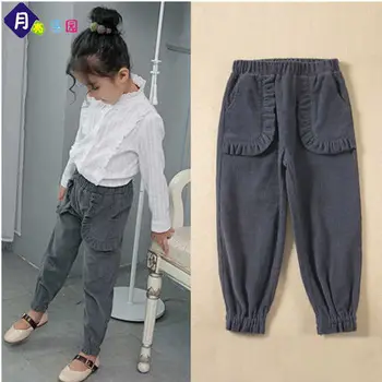 

INS hot baby girls pants all season 3-13 years kids pants Corduroy stringy selvedge big pocket spring and autumn new trousers
