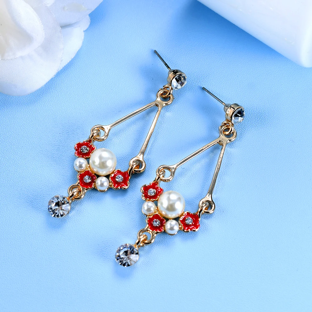 New Dangle Earring Enamel Red Navy Color Female Flower Earrings Party