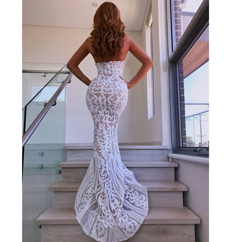 

Elegant White Long Strapless Sequins Dress Sexy Women 2019 Maxi Backless Patchwork Fashion Mesh Special Evening Party Dresses