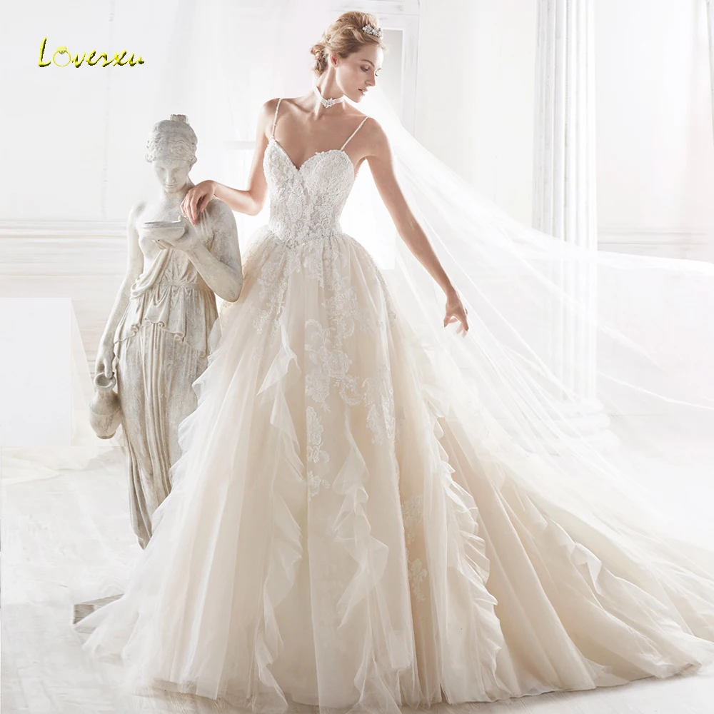 Loverxu Vestido De Noiva милые свадебные платья с оборками эффектное с открытой спинкой и аппликацией на тонких бретельках свадебное платье