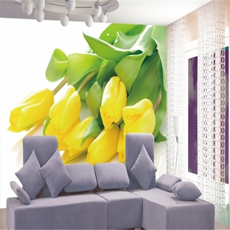 

beibehang photo wallpaper Stereoscopic Yellow tulips TV backdrop flower romantic living room bedroom wall mural luxury wallpaper