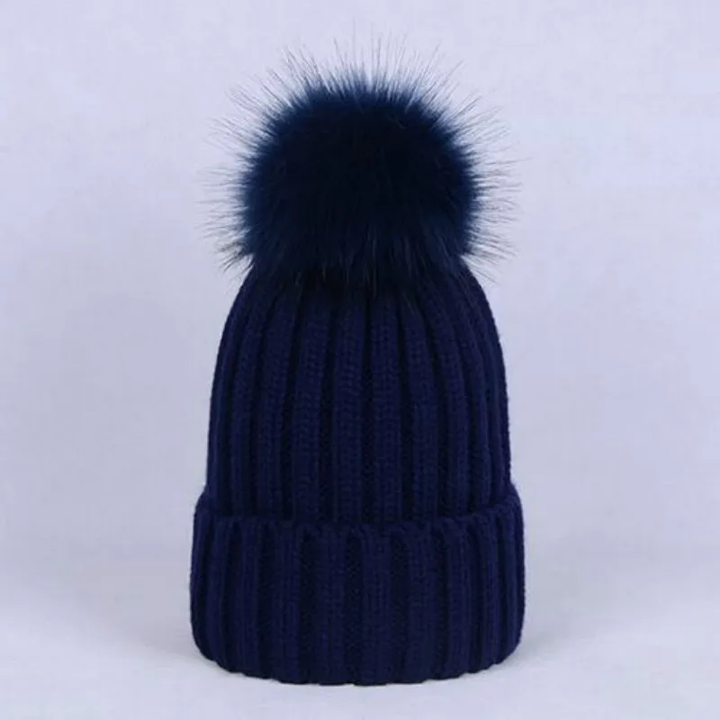 Искусственный помпон из лисьего меха, зимняя шапка, модная Однотонная вязанная шапка с помпоном, с помпоном, с шариком, женская шапка, широкий берет-Боб, Прямая - Цвет: Тёмно-синий