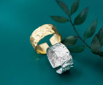 

9mm Authentic REAL. 925 Sterling Silver White/Gold Irregular Surface Wider Band Rings adjust Jewelry GTLJ1659