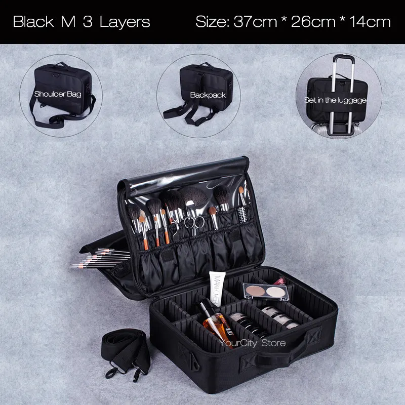 Black M 3 Layer Новые модные женские туфли косметичка путешествий Органайзер для макияжа женский леди Professional органайзер для косметики косметика коробка чехол красота случае - Цвет: Black M 3 Layer