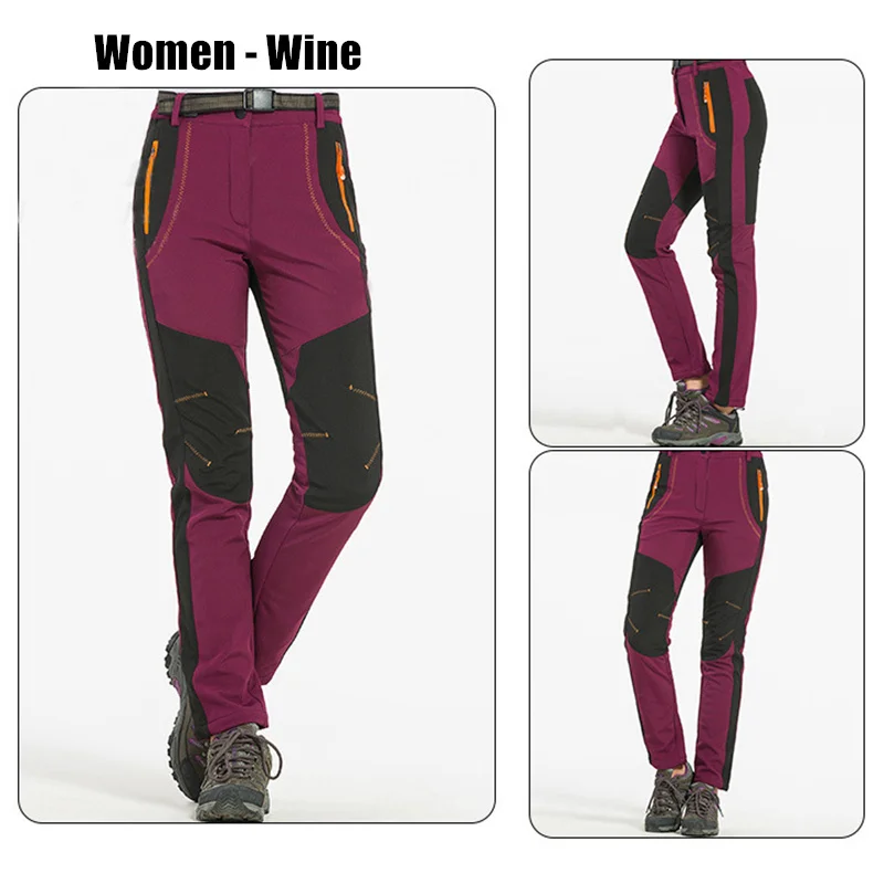 RAY GRACE походные брюки мужские флисовые зимние уличные водонепроницаемые треккинговые походные брюки флисовые теплые ветрозащитные лыжные спортивные штаны - Цвет: Women Wine