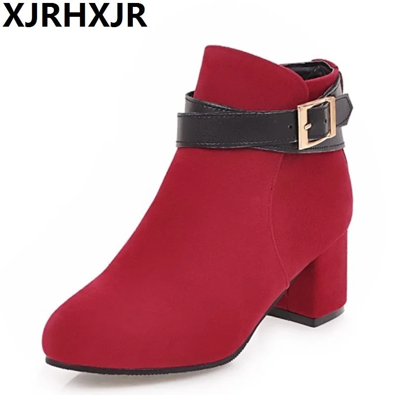 

XJRHXJR Size 31-45 Ladies Low Heel Ankle Boots Women Round Toe Buckle Solid Color Winter Shoes Women Leisure Daily Footwears