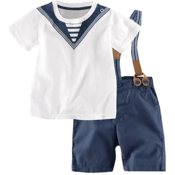 

2018 Summer Boys Navy wind pants suit baby wear short sleeve t-shirts striped strap pants 2 piece Children's sets 2-6 Year