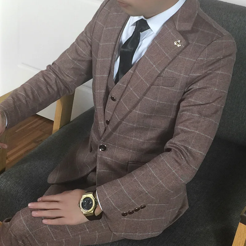 New Tweed Men Suits Plaid Terno Wedding Suit 1 Buttons Groom Tuxedos Tailored Wool Suits Custom Made (Jacket+pants+vest)