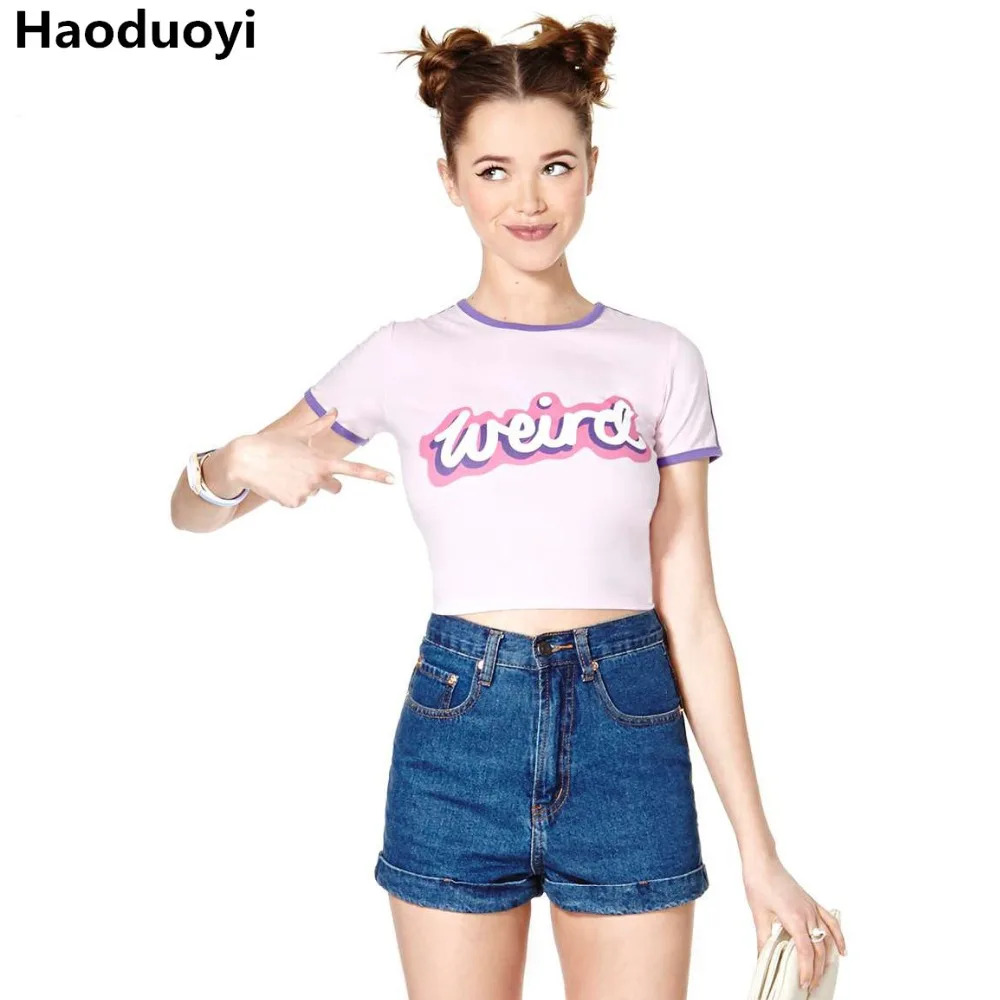 Haoduoyi Brand 2018 Letters Printed Women Pink Sweet Cotton Crop Tops O-Neck Short Sleeve Elastic Soft Female Tees Lady | Женская одежда