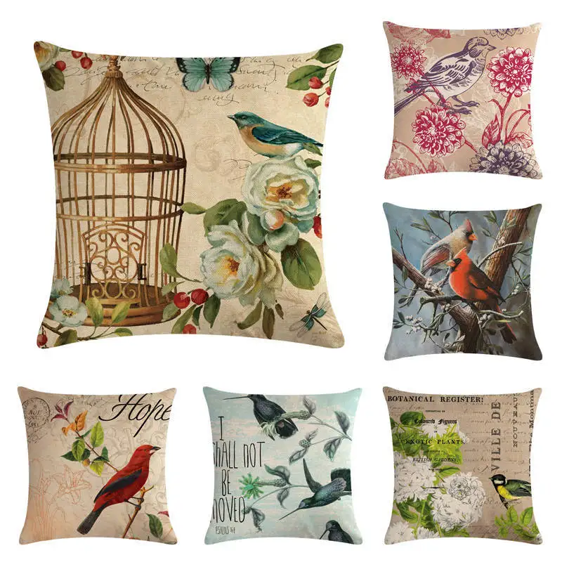 

45cm*45cm birds cushion cover linen/cotton Vintage pillow case Home decorative Sofa Flower Throw pillow cover