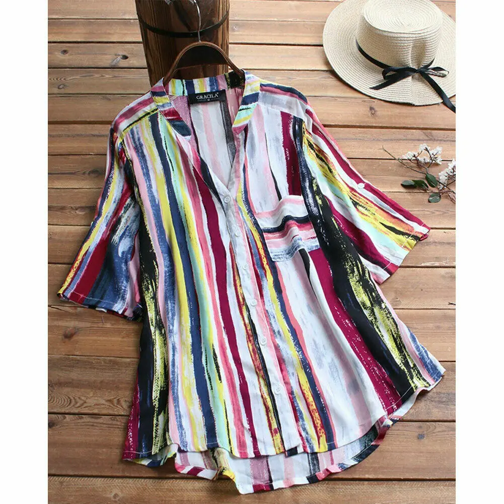 Новая женская хлопковая летняя Цыганская мешковатая туника, топ, рубашка с длинными рукавами, блузка, большие размеры, на пуговицах, цветная полосатая свободная одежда