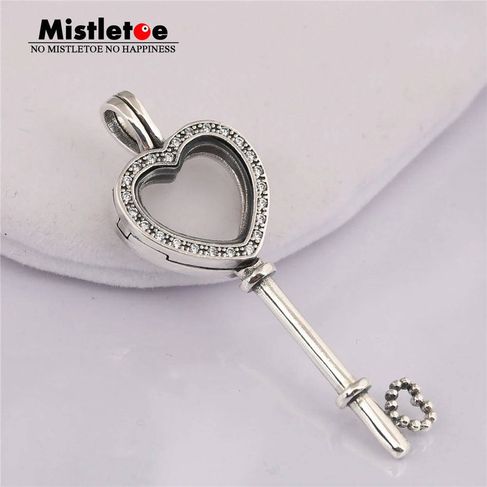 

Authentic 925 Sterling Silver Floating Locket Heart Key Necklace, Sapphires Crystal & Clear CZ Fit European Necklace Jewelry