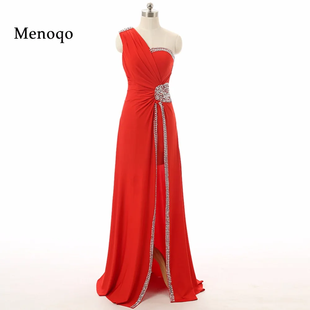 

2019 Fast Shipping Manufacturer Made Red A line One shoulder Chiffon Side open Floor Length Long Evening Dresses Real Sample