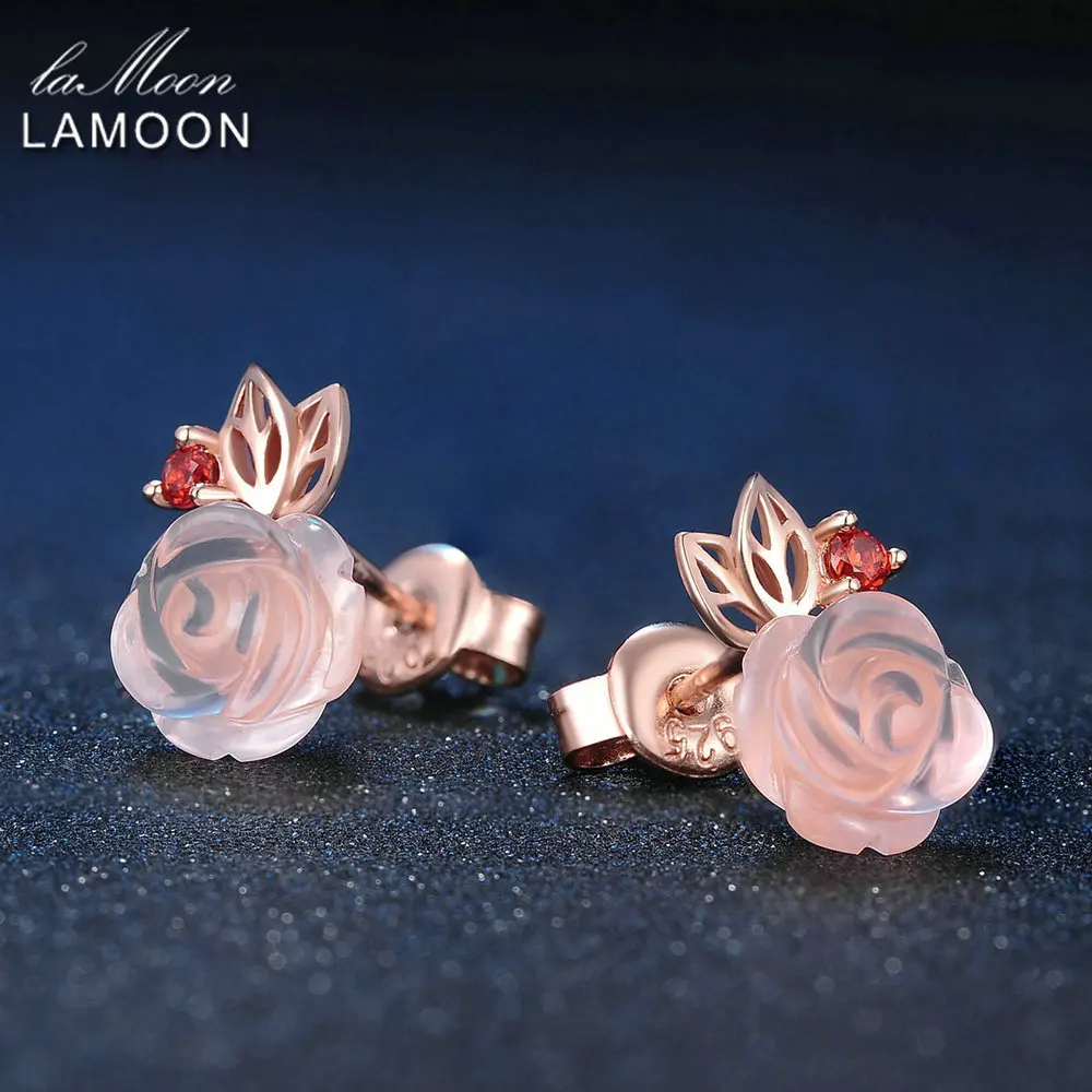 LAMOON Stud Earrings 925 Sterling Silver Fine Jewelry 9mm Rose Flower Natural Pink Rose Quartz Women Plants Kaffa Earrings 2017