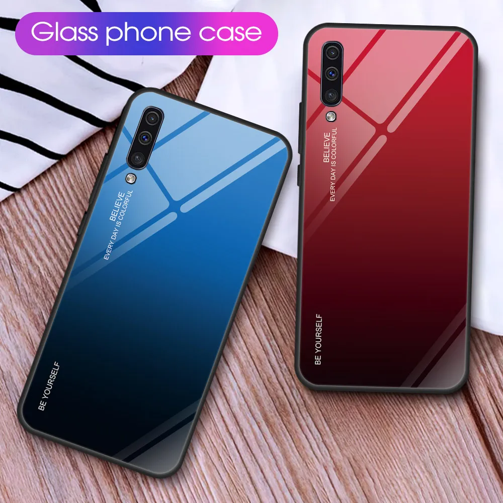 For Samsung A50 Case Gradient Glass Phone Case For Samsung Galaxy A30 A7 A9 A8 A6 Plus 2018 A5 2017 A10 A8S A9S TPU Edge Cover