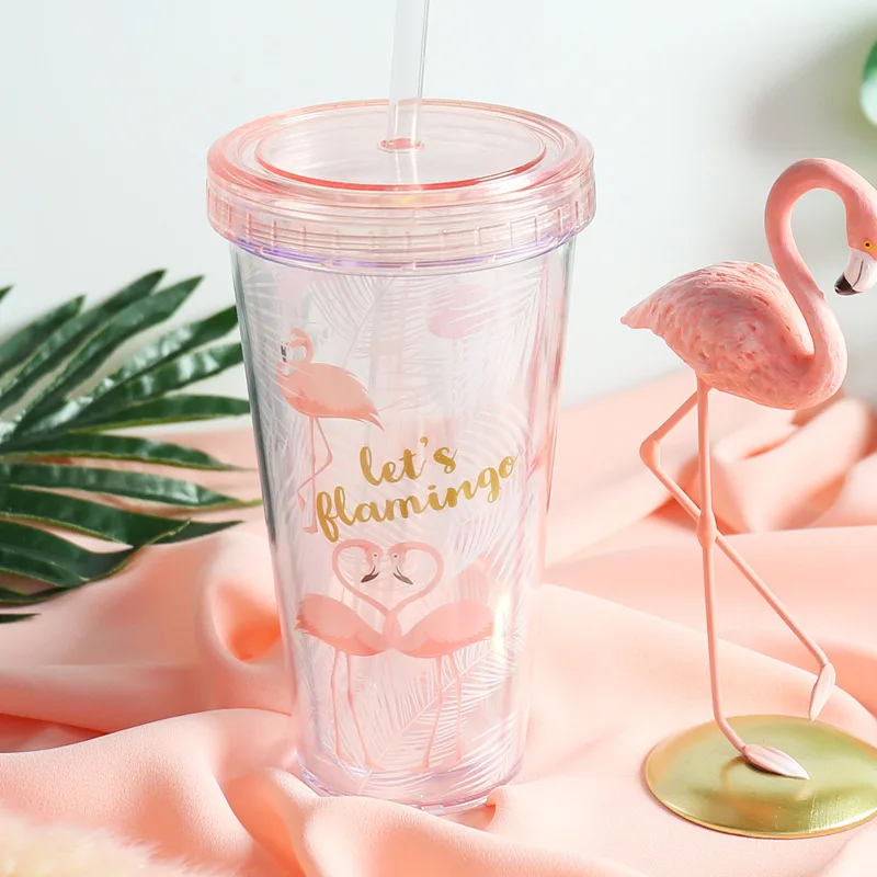 

500ml Flamingo Plastic Cups With Straw Cute Cartoon Drinking Container Double Wall Coffee Tea Milk Juice Water Cup Creative Gift