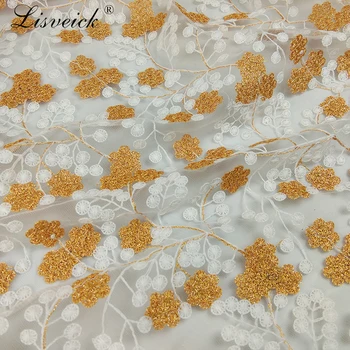 

1yard Shining Gold thread flower Embroidery Net Lace Fabric For dress Cloth African French Tulle Lace For Garment Accessories