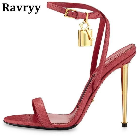 

Ravryy New Buckle Lock Pendant Suede Patent Leather Snakeskin Python Thin High Sandals Elegant Sexy Party Shoes