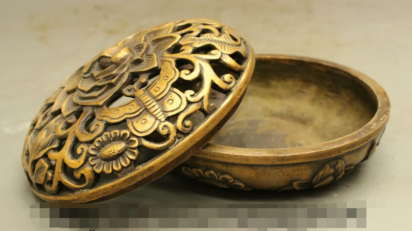 

S0247 Chinese Bronze Art Culture Auspicious Lotus Butterfly Statue Incense Burner Box