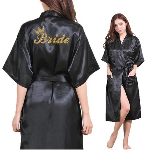 Bride Crown Team Bride Golden Glitter Print Long Section Kimono Robe Women Bachelorette Wedding Faux Silk Robe